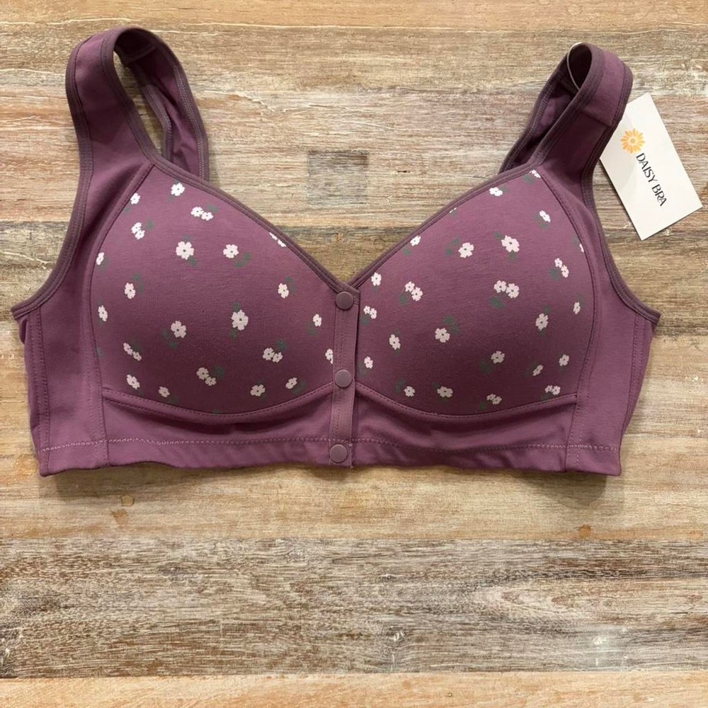Daisy Bra Front Closure Wireless Floral Bra Purple 2XL Comfort Snap  Buttons NWT